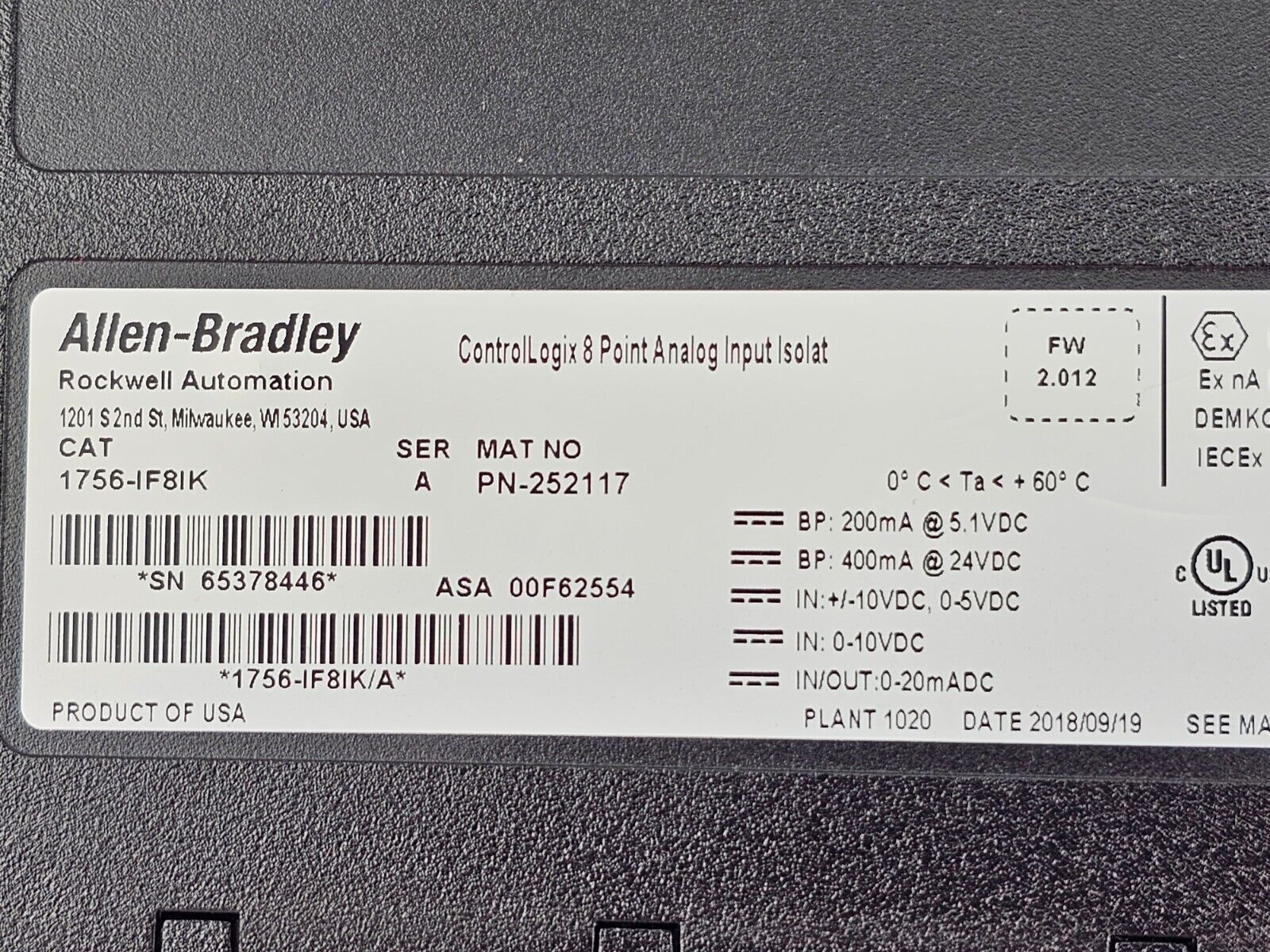 Allen Bradley 1756-IF8I /A ControlLogix Analog Input Isolated Module 1756IF8IK